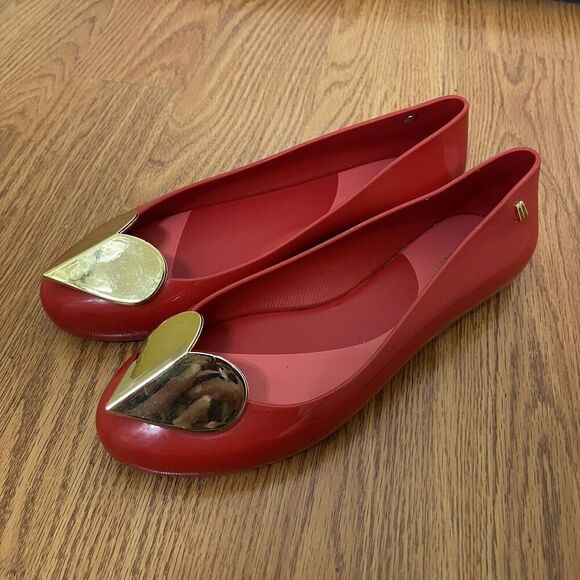 Melissa Red gold heart jelly Valentine space love slip on rubber flats size US 8 - Picture 5 of 8